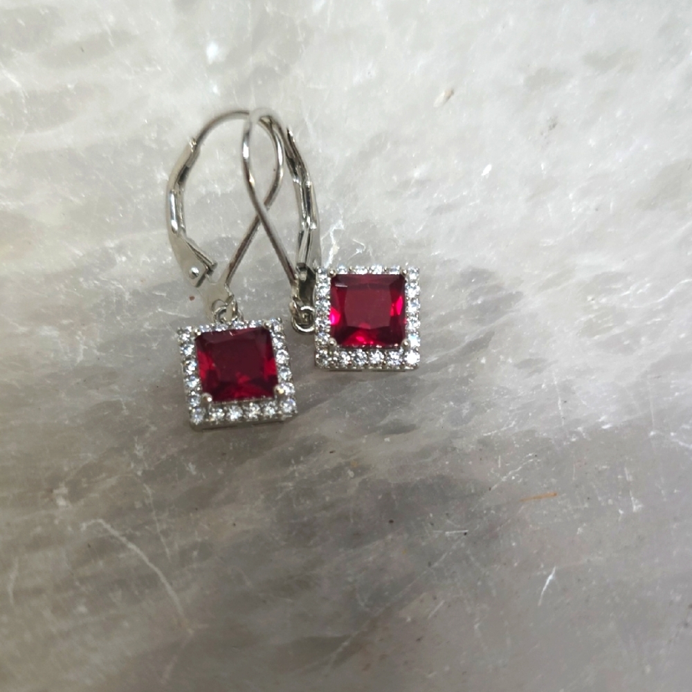 Red Gemstone and 925 Silver Square Earrings